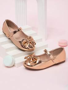 2026 Nuevos zapatos de primavera para niñas con lazo decorativo, unicolor, estilo plano, cierre de gancho y bucle y punta redonda - Dorado - Ver 2