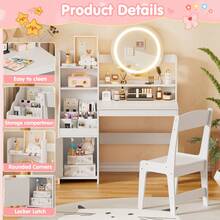 AYYDS 2-In-1 Vanity Set, Princess Children's Vanity Table With Stool, Storage Cabinet, Wooden Dressing Table For Girls, White, Pink - White - View 7