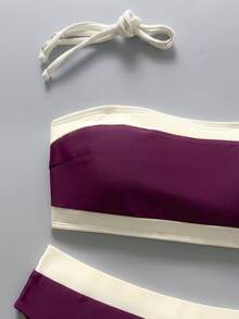New Fashionable Sexy Solid Color Detachable Strap Bandeau Bikini Swimwear For Women, Suitable For Beach, Pool Party, Vacation Summer - Burgundy - View 6