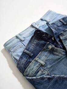 GLOURI Women's Patchwork  Jeans - High Waist With Multi-Wash Panels & Frayed Hem | Relaxed Retro Fit For Street Style, Music Festivals, Weekend Errands & Casual Hangouts (Distressed & Statement-Making) For  Everyday Looks - Blue - View 7