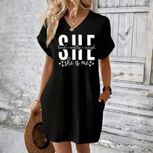 V Neck T Shirt Dress Black She Loved Worthy Enough She Is Me Print Casual Wear - 黑色 - 查看 3