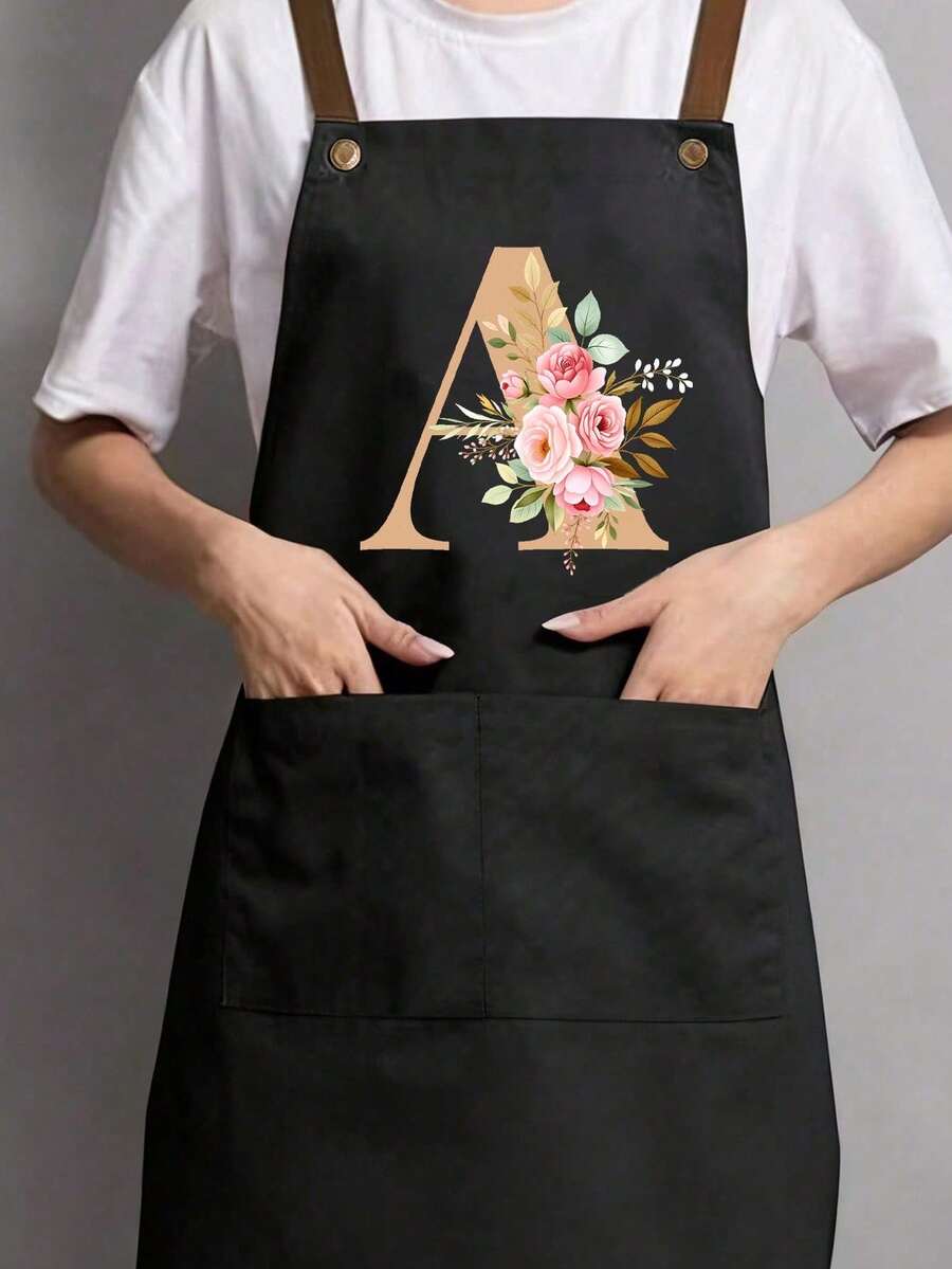 实用口袋设计,金色花卉字母 A-Z 印花,男女通用,结实耐用的围兜带,大口袋,可水洗,防污耐用厨房围裙 - 彩色 - 查看 1