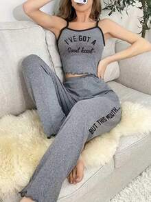 Letter Print Ruffle Hem Spaghetti Strap Cami Top & Wide Leg Pants 2 Pieces Loungewear Pajama Set - Light Grey - View 1