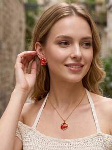 Set de bijuterii romantic din oțel inoxidabil cu smalt geometric pentru femei, set colier și cercei, hipoalergenic, rezistent la oxidare, accesoriu de plajă de vară pentru logodnă - Stil geometric împletit - Vizualizare 3