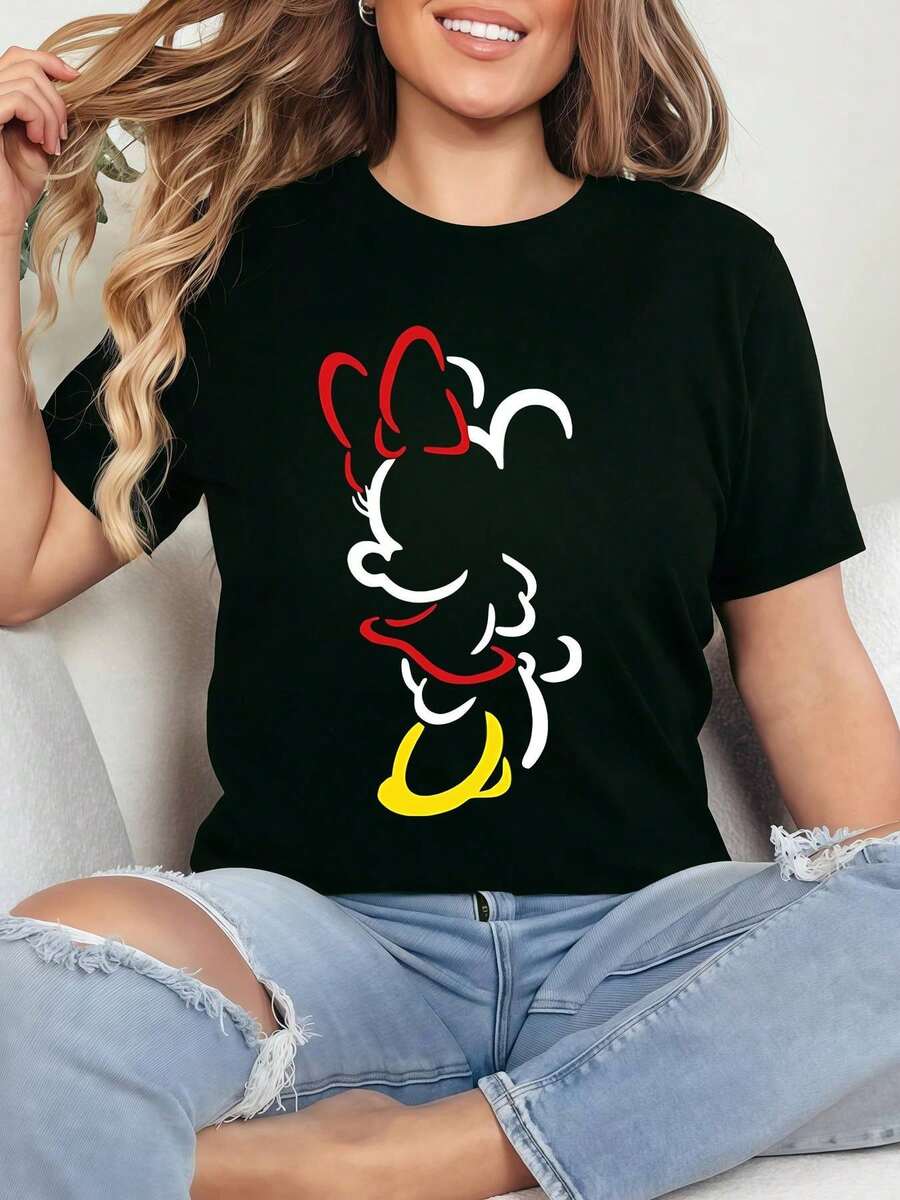 Disney Women''S Black Cartoon Print T-Shirt - Short Sleeve Crew Neck, Casual Spring/Summer Top, Stylish Princess Series For Women, Casual Attire | Cartoon Graphic Tee | Glossy Fabri - 黑色 - 查看 1