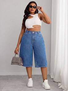 Damen Mittelblau Elastischer Bund Denim Mid-Length Shorts, Kontrastnähte Schlankmachendes Design, Sommer Herbst Pendler Vintage Knielang Lässig - Mittele Waschung - Übersicht 7