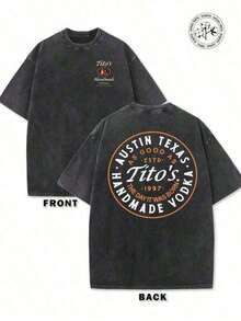 Ropa Vintage de Algodón, Camiseta Lavada, Camiseta Gráfica Retro Lavada, Camisetas de Hombre 100% Algodón, Camiseta Lavada y Usada de 230g, Logotipo Frontal de Vodka Artesanal Tito's, Parte Trasera con Texto Circular "AUSTIN TEXAS Tito's HANDMADE Vodka" y Logotipo de Marca, Diseño de Moda, Tela Suave, Corte Holgado, Estilo Retro Urbano Unisex, Ropa de Verano para Hombre y Mujer. - Negro - Ver 1