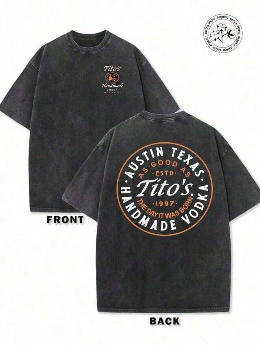 Ropa Vintage de Algodón, Camiseta Lavada, Camiseta Gráfica Retro Lavada, Camisetas de Hombre 100% Algodón, Camiseta Lavada y Usada de 230g, Logotipo Frontal de Vodka Artesanal Tito's, Parte Trasera con Texto Circular "AUSTIN TEXAS Tito's HANDMADE Vodka" y Logotipo de Marca, Diseño de Moda, Tela Suave, Corte Holgado, Estilo Retro Urbano Unisex, Ropa de Verano para Hombre y Mujer. - Negro - Ver 1