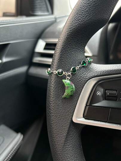 Crystal Stone Moon Car Pendant, Rearview Mirror Hanging Decor, Green Crystal Cross Charm, Car Interior Accessories