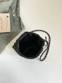 时尚水桶包，尼龙运动男女通用多功能包，轻便休闲抽绳小包，粗绳单肩斜挎包，日式福袋 - 黑色 - 查看 9