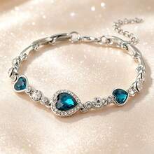 1 件时尚闪亮海军蓝心形水晶锆石手链和耳环套装，情人节送给女士的珠宝礼物 - 手鍊 - 查看 7