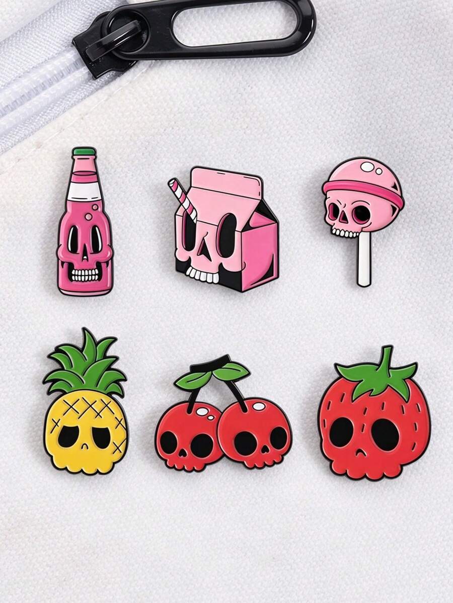 6pcs/Set Multi-Style Cartoon Skull Metal Brooches For Women,Bag Pins And Decorative Badges. Suitable For Daily Wear, An Excellent Gift Choice. - Multicolor - View 1