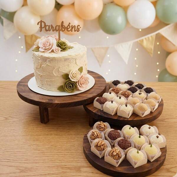 Ligna Decore Trio Bandejas Redondas Doce Bolo Festa Decoração Madeira Rústica Suporte Expositor Frios Buffet