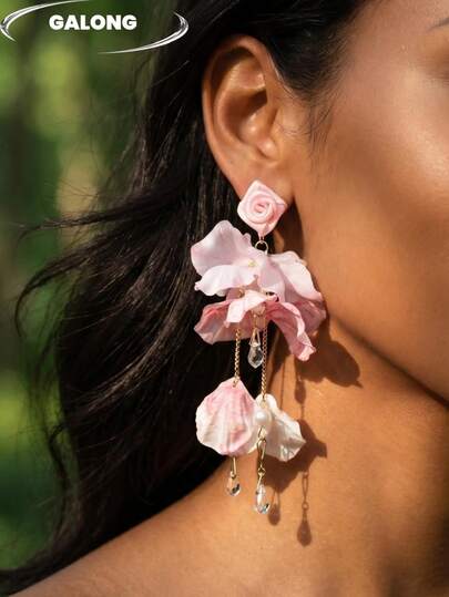 Pendientes de borla con cristal, perla y flores rosas | Pendientes largos de estilo hada y bosque | Pendientes elegantes de resort de verano
