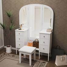 Antique Makeup Vanity Desk With Triple Mirror 6-Drawer Dressing Table Set Including Stool Full Length Mirror For Bedroom Dressing Room White - White1 - View 1