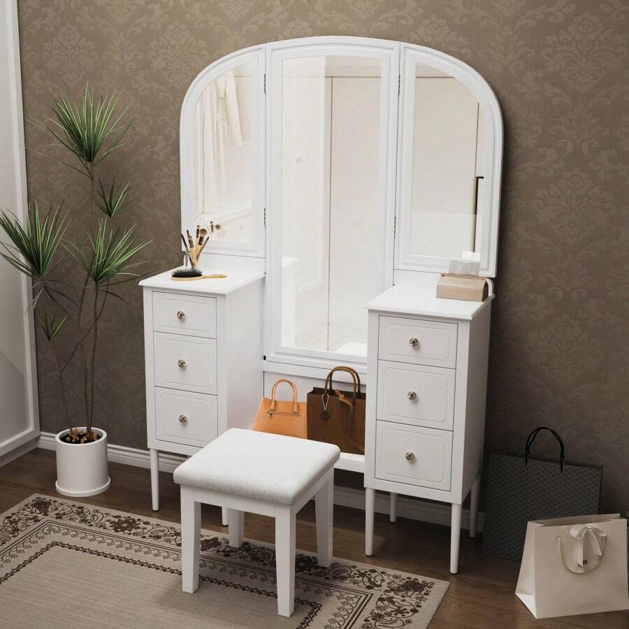 Antique Makeup Vanity Desk With Triple Mirror 6-Drawer Dressing Table Set Including Stool Full Length Mirror For Bedroom Dressing Room White - White1 - View 1