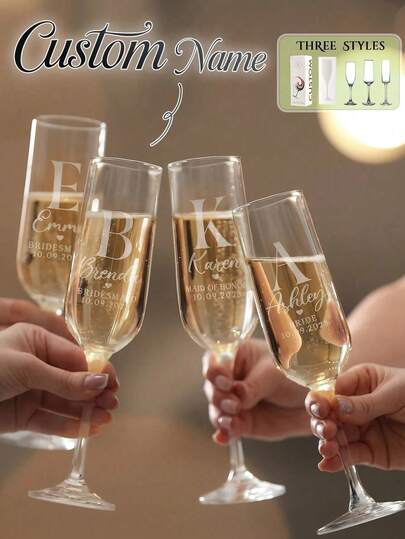 1pc Customizable Champagne Glass - Durable Glass - Customizable Name, Exquisite Engraved Champagne Glass, Wedding Glass, Bridesmaid Gift, Bridal Anniversary Souvenir - Luxury Collectible, High-Quality Reusable Hand-Wash Glass, Romantic Couple Gift, Suitable For Valentine's Day Gift