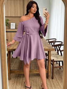 Weeklong Vestido casual de línea A con cuello asimétrico y mangas con volantes, de unicolor, talla grande - Púrpura polvoriento - Ver 3
