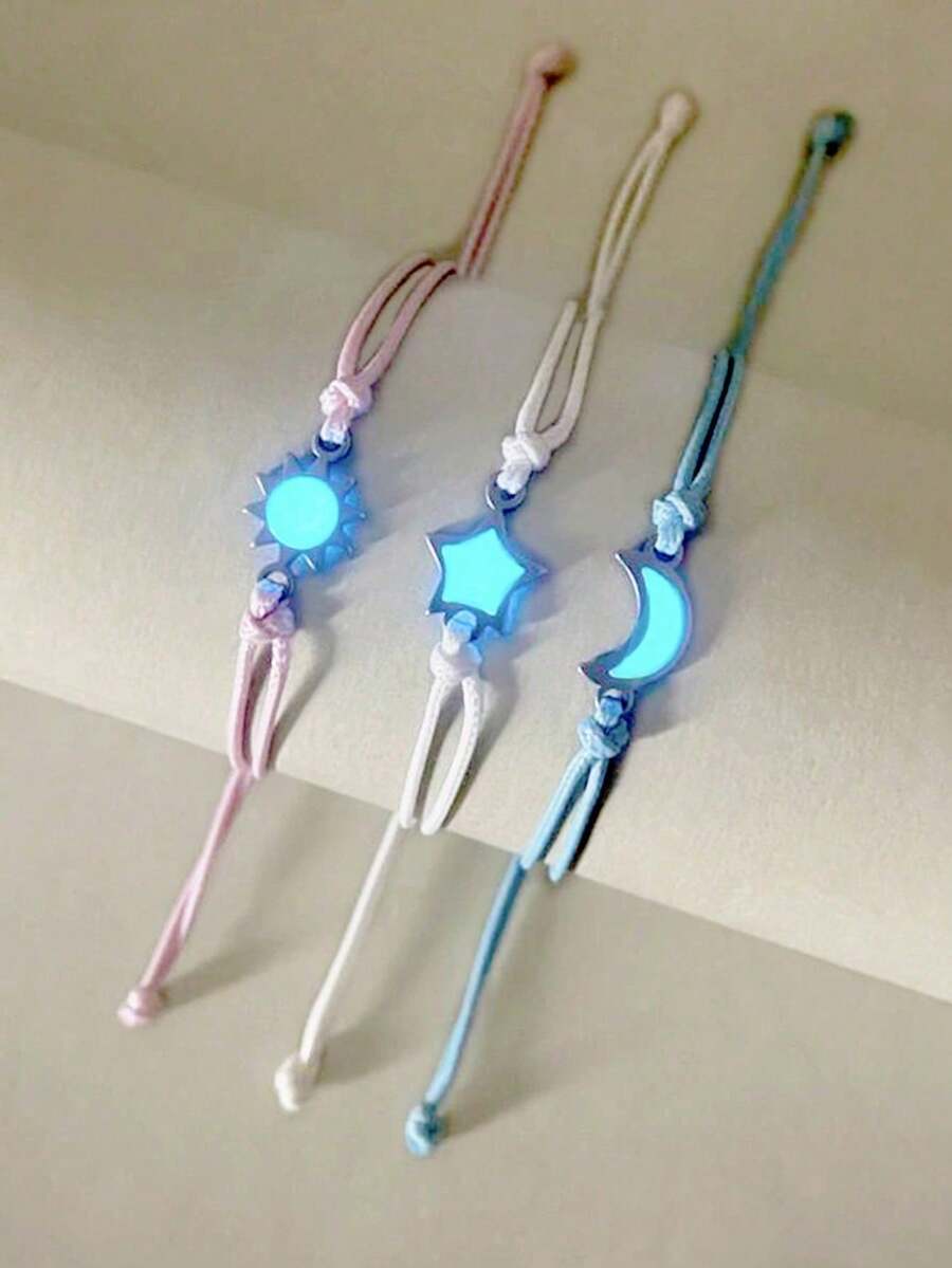 ATLVXJL Bộ 3 vòng tay phát sáng trong bóng tối dành cho anh chị em/bạn bè/cặp đôi, thiết kế hình trăng sao, thích hợp để đeo hàng ngày và làm quà tặng. - Nhiều màu - Xem 1