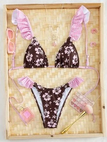 Bộ bikini hai mảnh gợi cảm, tối giản, thanh lịch, lãng mạn dành cho nữ, thích hợp cho đi biển, du lịch, dự tiệc, in họa tiết toàn thân, dây đeo mảnh, hàng mới về cho kỳ nghỉ xuân/hè. - Màu nâu - Xem 2