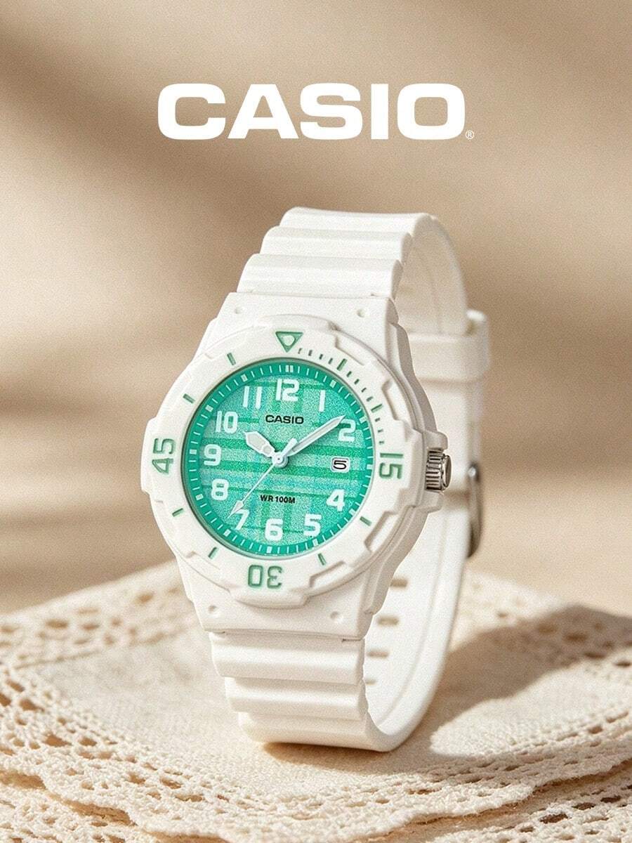 Casio Sport Quartz Watch LRW-200H-3C White Resin Women Green Plaid Textured Dial Round Wristwatch Date Display 100M Water Resistant – Preppy Fresh Aesthetic for Campus Picnic Outdoor Casual Gift for Teen Girls - 綠格紋 - 查看 1