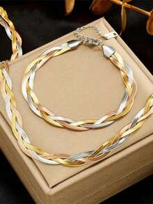 RAYQUEEN 2pcs/Set 316 Stainless Steel Snake Chain Necklace + Bracelet With Three Colored Hand Woven Design For Women, Waterproof And Suitable For Daily Wear - 金雙層 - 查看 1