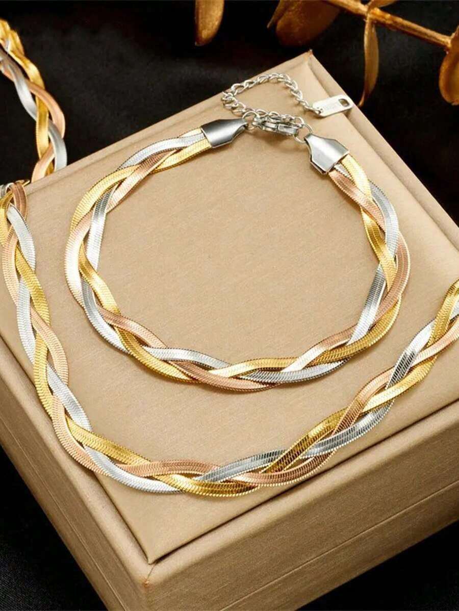 RAYQUEEN 2pcs/Set 316 Stainless Steel Snake Chain Necklace + Bracelet With Three Colored Hand Woven Design For Women, Waterproof And Suitable For Daily Wear - 金雙層 - 查看 1