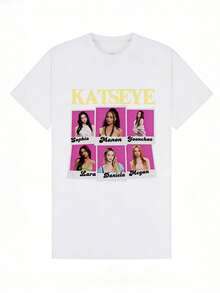 Camiseta de manga corta con cuello redondo suave y casual para mujer, estampado gráfico de grupo de chicas K-Pop, adecuada para uso diario en la calle. Negra. - Blanco - Ver 2