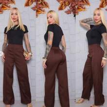 Calça Alfaiataria Feminina Cintura Alta com Elástico patalona   Tecido - Chocolate - Visão 3