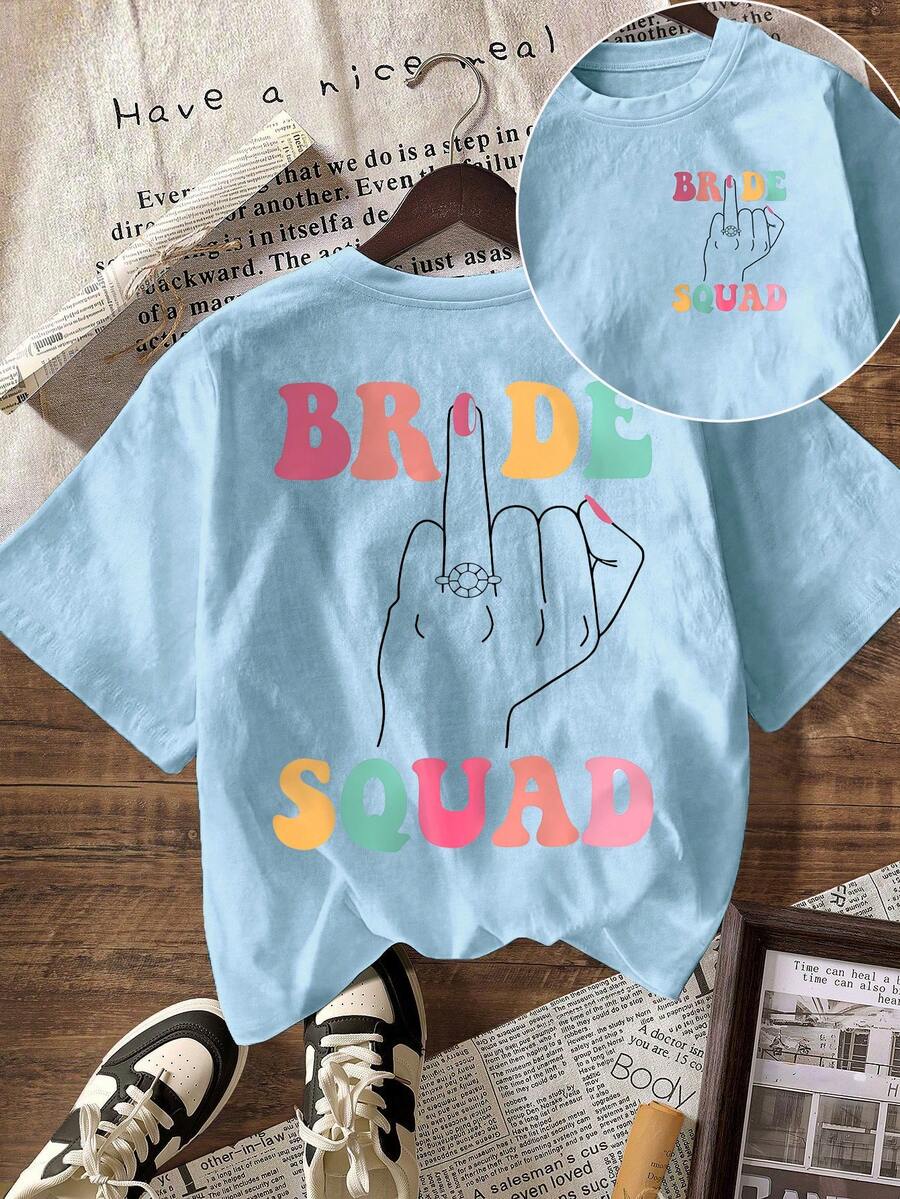 2026 New Summer Casual Women's Top, Double-Sided Printed, Retro Style, Round Neck Solid Color Short Sleeve T-Shirt With Ring Pattern And "Bride Tribe" Text - Mint Blue - View 1