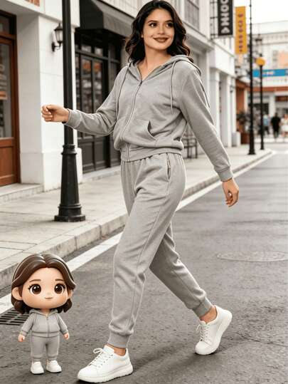 Conjunto de Sudadera con Capucha y Cierre y Pantalones para Mujer Casual 2 Pzs