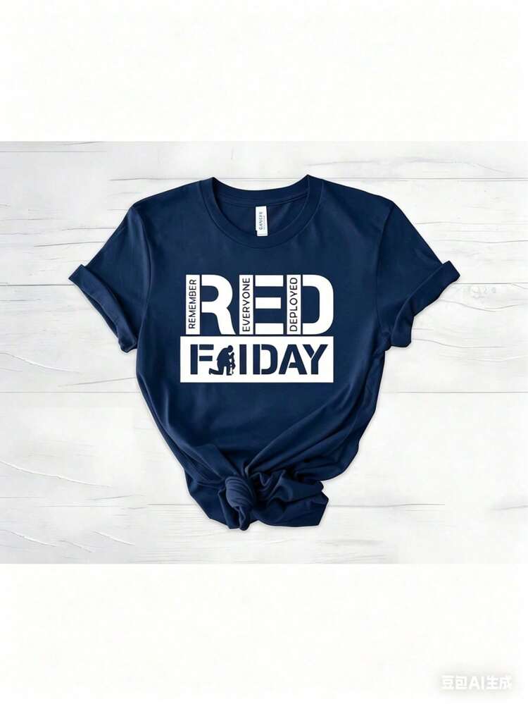May 5th Day Casual T-Shirt 100% Cotton Women's Summer Top. On Fridays We Wear Red Shirts, We Wear Red To Remember Everyone's Deployment. American Flag American Veterans T-Shirt, American Flag T-Shirt 180g Breathable Cotton Tee, All Match - 藏蓝色 - 查看 7