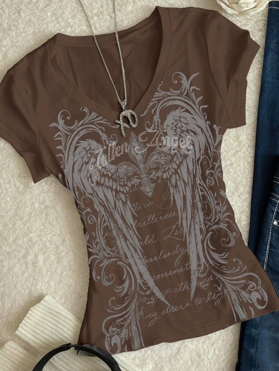 ENGU CO. Camiseta de cuello en V con estampado de ángel caído y pedrería, camiseta de manga corta con gráfico de alas estilo grunge, estética Y2K streetwear para mujeres