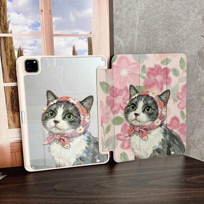 1件装油画猫咪粉色花卉印花平板电脑保护套，兼容iPad第十代10.9英寸（2022款）智能保护套/Air 13(M3 2025)/Air 11(M3 2025)/Air 11(M3 2025)/11(A16 2025)，具备自动休眠/唤醒功能，时尚平板电脑配件，兼容小米5/5PR/6/6PRO/7/7PRO/Galaxy Tab S10+/S9/A9，兼容小米Pad 5/6/7，兼容华为MatePad