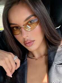 1pc Future Tech Style Rectangular Retro Multifunctional Fashion Frameless Letter Decor Personalized Women Fashion Glasses - Double Brown - View 2