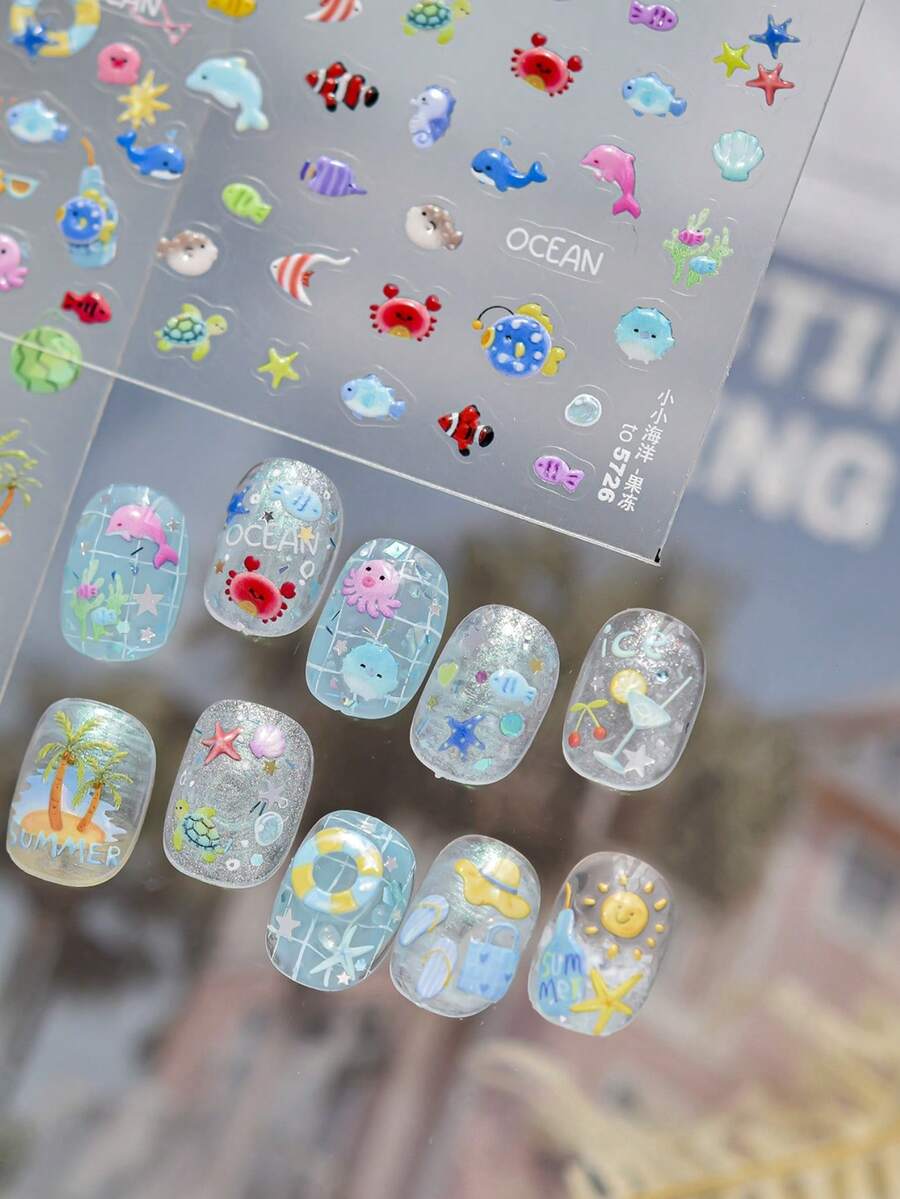 1 miếng dán móng tay hình động vật biển 3D, hình cá heo và cá nổi, decal nghệ thuật móng tay siêu mỏng tự dính, phụ kiện làm móng mùa hè. - Nhiều màu - Xem 1