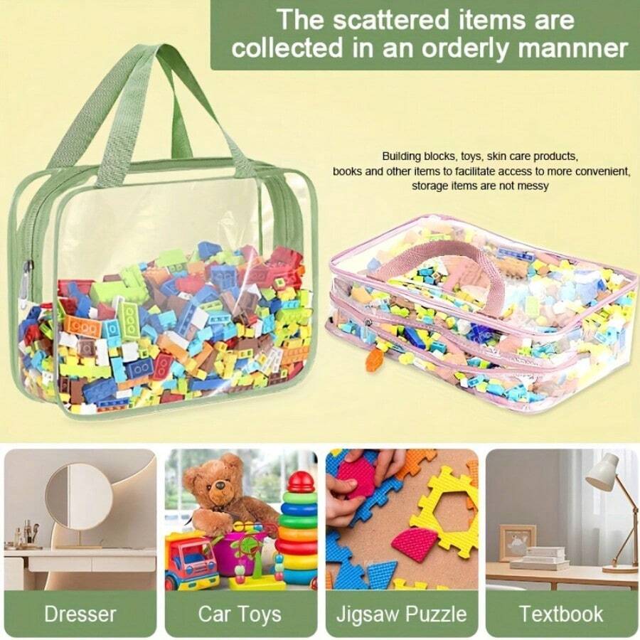 [Toy Storage Bag] Reusable Transparent PVC Chess Game Storage Bag With Zipper - Durable Travel Storage Bag, Suitable For Storing Building Blocks, Puzzles, Textbooks, Etc. - Green - View 1