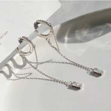 Boucles d'oreilles longues à franges en cubic zirconia cubique étincelant, boucles d'oreilles créoles personnalisées hip-hop avec perle, accessoire polyvalent pour les fêtes et les mariages - Argent - Voir 7