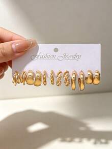 12/48pcs Elegant & Exquisite Gold Tone Earring Set, Unique Geometric Twisted Pearl Design, Versatile Fashion Accessory, Sweet Gift For Female Friends - Gold - View 3
