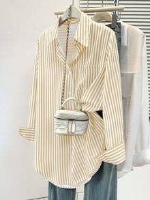 Women's Classic Striped Long Sleeve Shirt – Collared Button Front Top With Pocket For Office, Casual, Spring Summer Fall Winter - Yellow - View 3