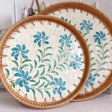 1pc Pearl Shell Inlaid Wooden Base Woven Rattan Decorative Tray, Not For Food Contact, Home Decor - Yellow - View 7