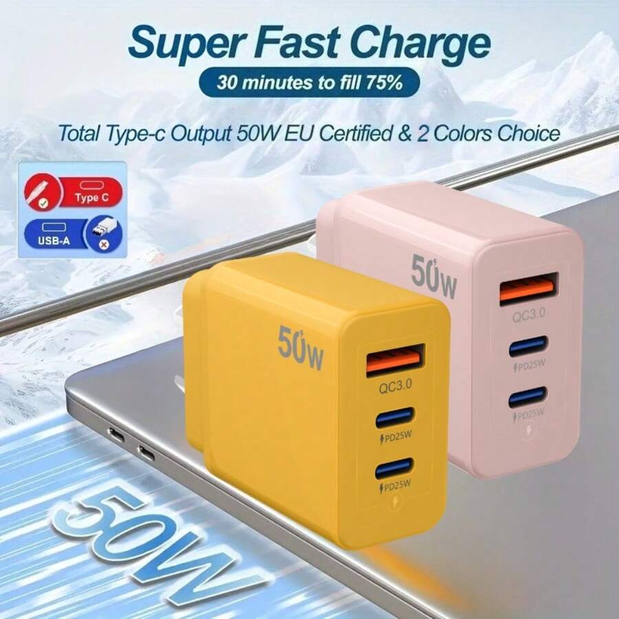 50W 三口 PD 快充充电器,2 个 USB-C 接口 + 1 个 USB-A 接口多功能墙式适配器,兼容 17/16/15/14/13/12/Pro Max、Switch 及其他设备 - 查看 1