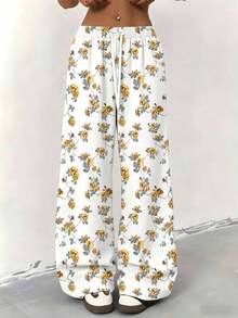 Women Straight Leg Wide Leg Pants Yellow Floral Print Casual Comfortable Loose Fit For Everyday Wear And Light Exercise 250g - 彩色 - 查看 4