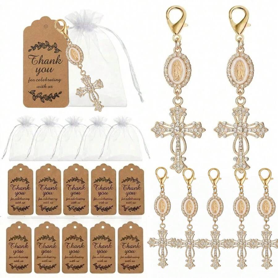 12pcs Elegant Gold Rhinestone Cross Pendant Keychains, With Organza Gift Bags And Kraft Paper Tags - Exquisite Souvenirs Suitable For Baptism, Communion And Event Decorations