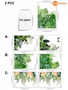 SUPSTICKER 2片装热带龟叶、仙鹤花、蕨类植物图案水彩风格自粘墙贴，PVC材质，易于安装和移除，适用于家居装饰、派对背景、橱柜表面美化、儿童房氛围营造、玩具区背景、儿童空间改造，尺寸：12.79*18.62英寸 - 彩色 - 查看 3
