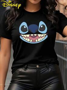 Disney Women's T-Shirt  Stitch Licensed - Cute Stitch Big Face Print Loose Casual Versatile Round Neck T-Shirt,  Stretchy Casual Short Sleeve Top, Fashionable Short Sleeve Round Neck T-Shirt For Women - 黑色 - 查看 6