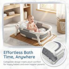 Folding Infant Baby Bath Tub, New 3-Fold Design Portable Home Bath Tub, Bath Tub Purchase Comes With Bath Net + Bath Mat For Newborn, Kids - 灰色 - 查看 4
