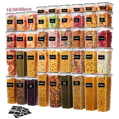 VOOVA 48pcs Sealed Food Storage Containers With LIDS - Lunch Boxes Ideal For Organizing And Storing Grains, Rice, Pasta, Tea, Nuts And Coffee Beans In A Kitchen Pantry - Can Be Used For Dishwasher Washing, Including Labels And Markers
