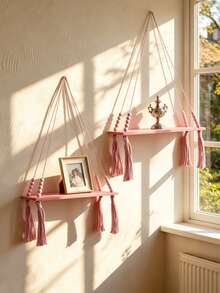 1 pieza/2 piezas Estantería colgante de macramé rosa, estantería de pared con cuerda de borlas con cuentas, estantería colgante de estilo bohemio para habitación de niñas, estantería de almacenamiento montada en la pared para dormitorio, sala de estar, interior, estantería colgante de plantas y decoración de fotos de estilo bohemio moderno, estantería de pared rosa multifuncional, elegante estantería colgante con borlas con cuentas - Multicolor - Ver 3