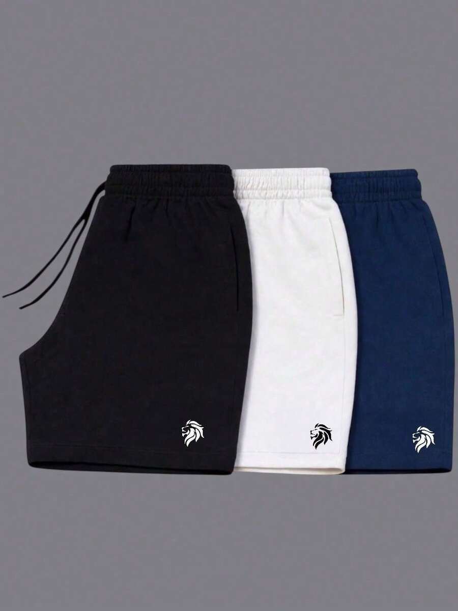 Kit Of 3 Lion Basic Shorts, Tactel Elastane Dry Fit, Summer, Workouts, Gym, Cycling, Lightweight And Comfortable - 黑/白/藏青色 - 查看 1